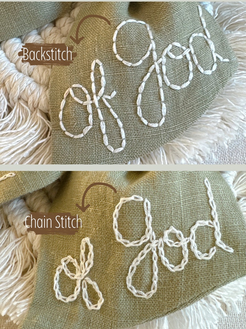 May include: Close-up of two fabric samples with the word "good" embroidered in white thread. The top sample shows the word "good" stitched with a backstitch, while the bottom sample shows the word "good" stitched with a chain stitch.