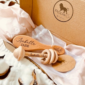 Personalized Wooden Rattle and Wooden Baby Brush Set, Custom Baby Bundle, Baby Shower Gifts, Welcome Baby Gift, Timeless Baby Keepsake Gift