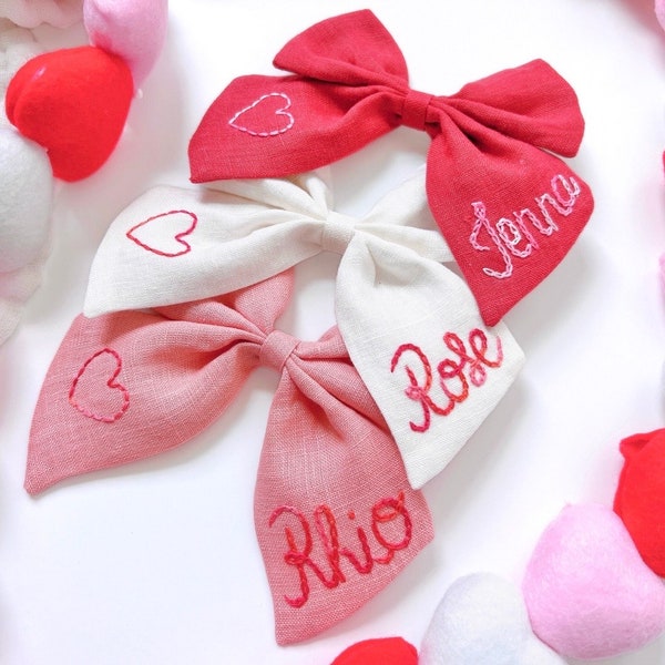 Valentine Hand embroidered name bow, custom hair bow for girls, personalized hairbows for babies, hand stitched name bow, love bow and name