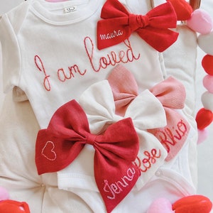 Organic Custom Hand-embroidered Bodysuit for Baby Personalized Valentine Baby Gift Newborn Name Announcement Going Home Love Baby Outfit image 2