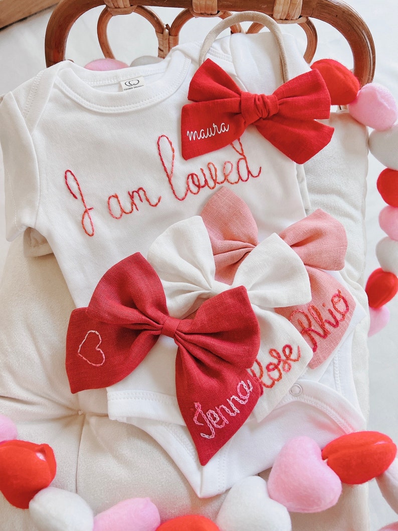 Organic Custom Hand-embroidered Bodysuit for Baby Personalized Valentine Baby Gift Newborn Name Announcement Going Home Love Baby Outfit image 2