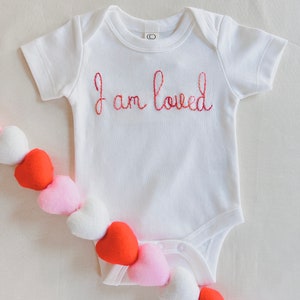 Organic Custom Hand-embroidered Bodysuit for Baby Personalized Valentine Baby Gift Newborn Name Announcement Going Home Love Baby Outfit image 4