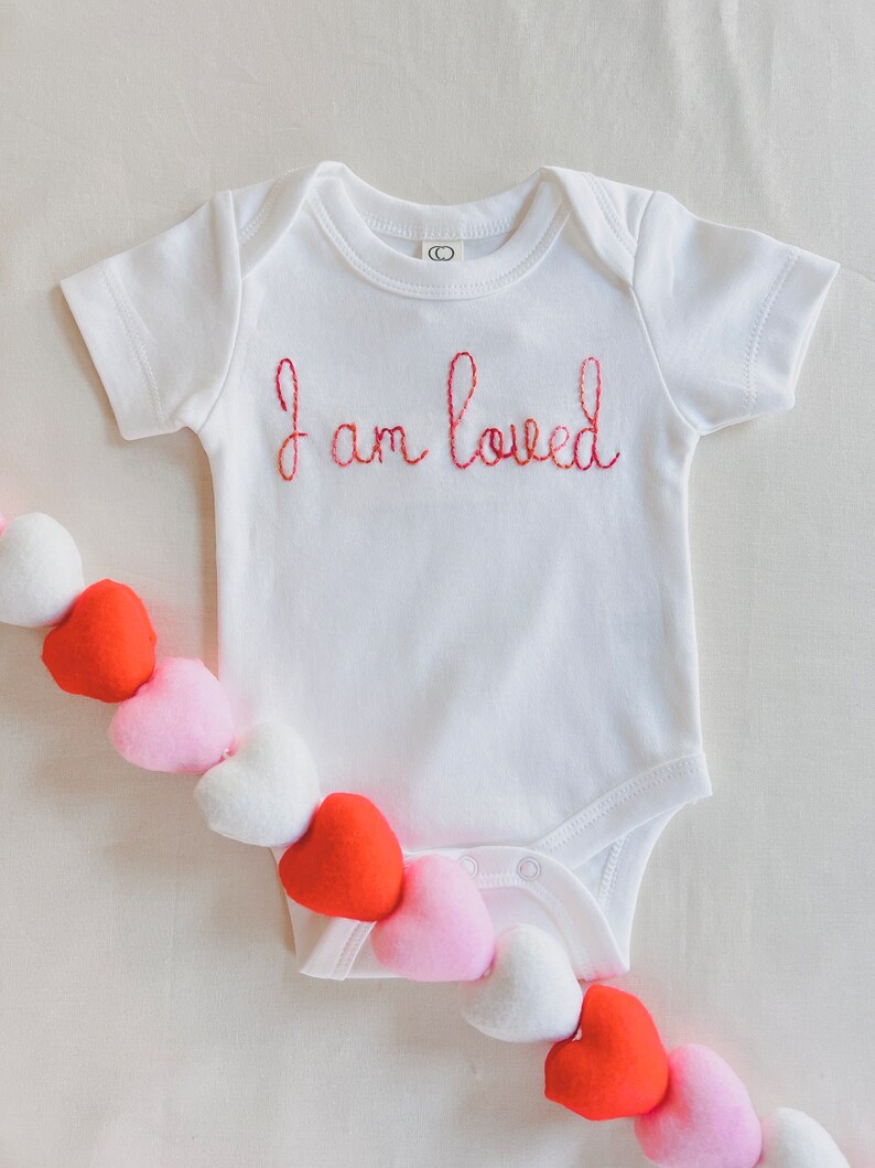 Organic Custom Hand-embroidered Bodysuit for Baby Personalized Valentine Baby Gift Newborn Name Announcement Going Home Love Baby Outfit image 4