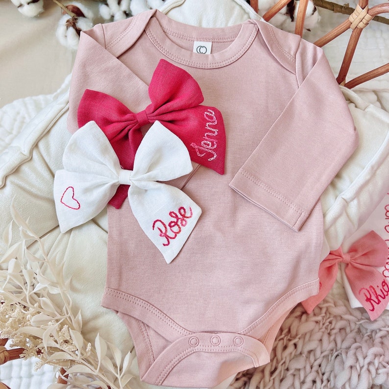 Organic Custom Hand-embroidered Bodysuit for Baby Personalized Valentine Baby Gift Newborn Name Announcement Going Home Love Baby Outfit image 7