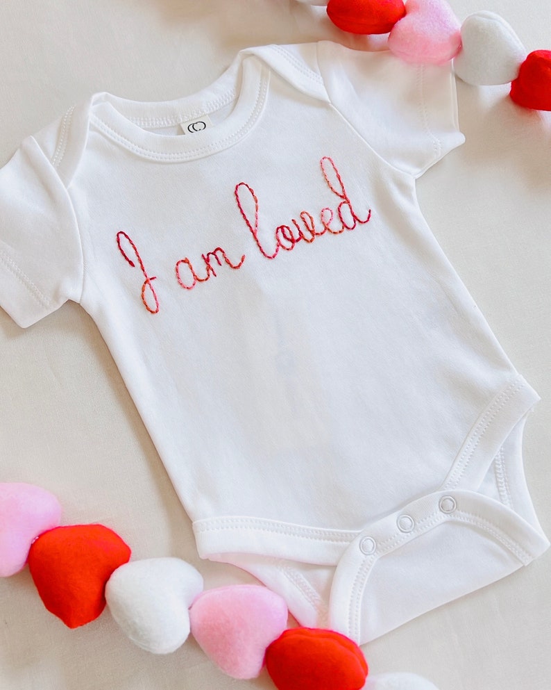 Organic Custom Hand-embroidered Bodysuit for Baby Personalized Valentine Baby Gift Newborn Name Announcement Going Home Love Baby Outfit image 1