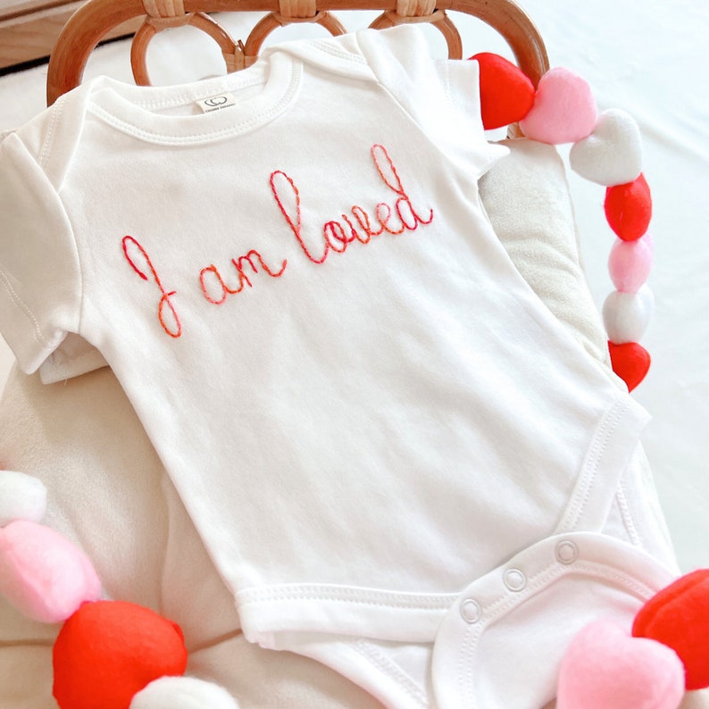 Organic Custom Hand-embroidered Bodysuit for Baby Personalized Valentine Baby Gift Newborn Name Announcement Going Home Love Baby Outfit image 5