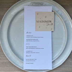 Personalizowane menu Pearl, menu weselne, menu kolacji, przyjęcie zaręczynowe, wieczór panieński, baby shower, z imionami