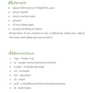 May include: A list of materials and abbreviations for crocheting a plush toy. The materials include yarn, a stitch marker, a 4 mm crochet hook, scissors, safety eyes, and stuffing. The abbreviations include mgr, sc, invdec, inc, slst, ch, puff, and bl.
