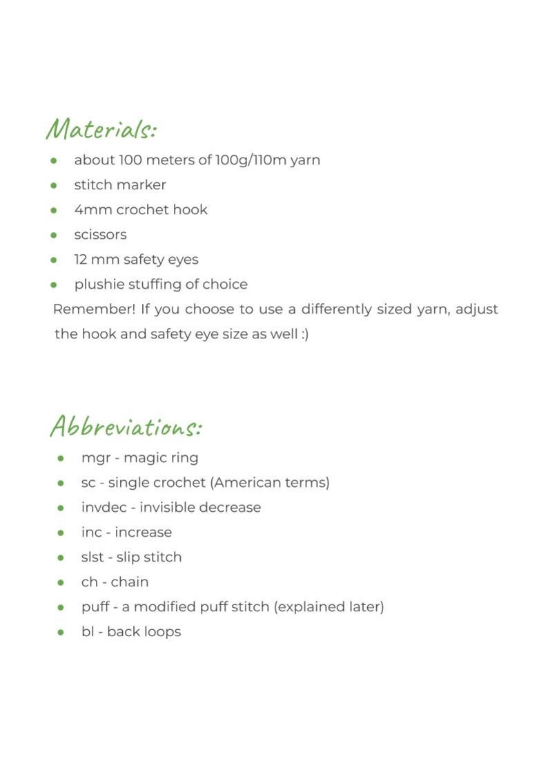 May include: A list of materials and abbreviations for crocheting a plush toy. The materials include yarn, a stitch marker, a 4 mm crochet hook, scissors, safety eyes, and stuffing. The abbreviations include mgr, sc, invdec, inc, slst, ch, puff, and bl.
