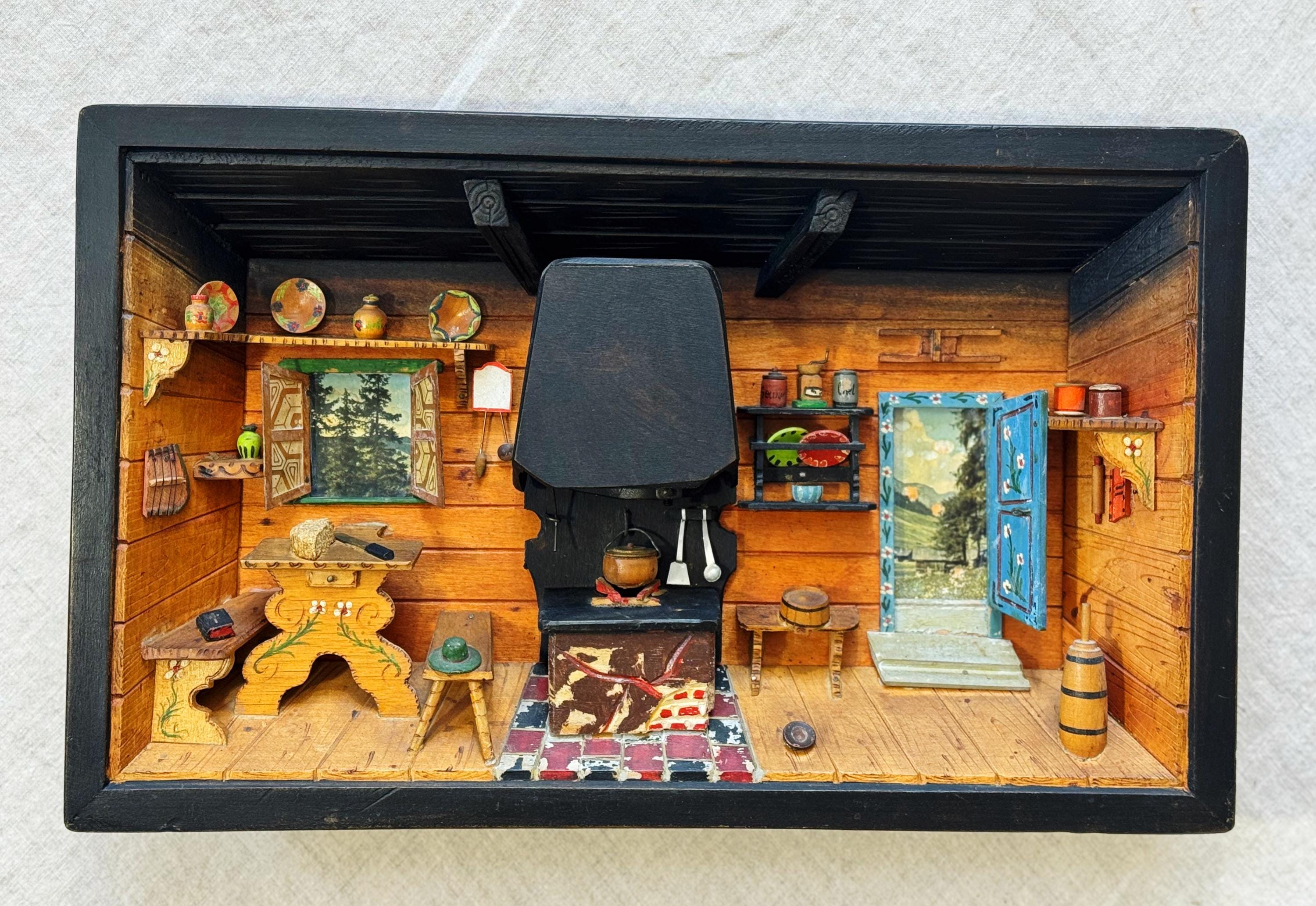 Vintage Reuge Musical Diorama: Hand Carved Swiss Folk Art Shadow