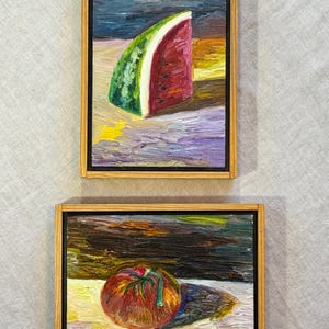 Set Of Two Framed Signed Vintage Original Oil Still Life Paintings, Kitchen Art, Food Art, Watermelon Painting, Tomato Painting