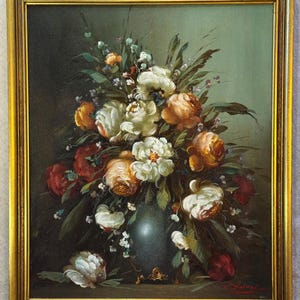 Rare Vintage Original Floral Oil Painting Signed Endre Koempoeczi-Balogh (Hungarian, 1911-1977), Floral Still Life, Framed original Art