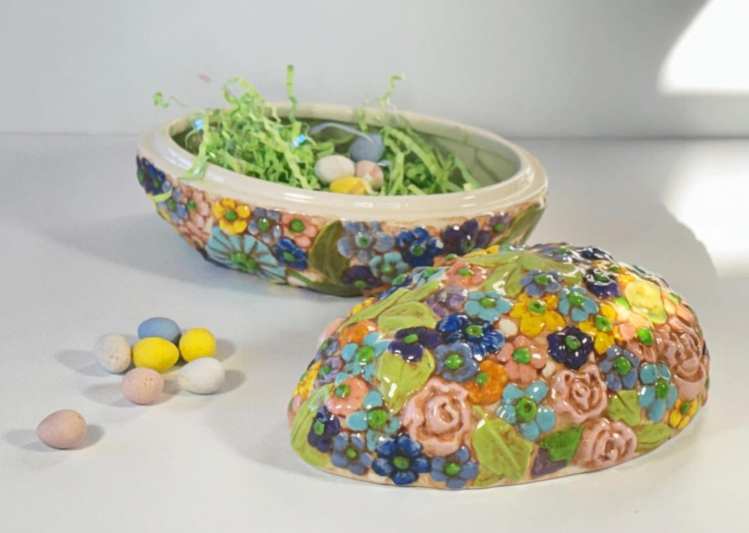 Vintage Hand Painted Ceramic Easter Egg Large Covered Floral Candy Dish