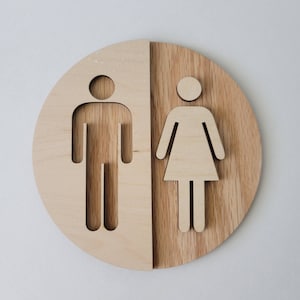 Round wood unisex bathroom sign, office restroom WC signage, raised figures, half and half modern design, AirBnB sign