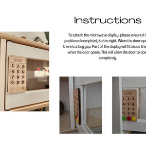 May include: A white wooden microwave with a brown wooden control panel. The control panel has a digital display that reads "0:45" and buttons for numbers 1 through 9, 0, and various functions. The microwave door is open.