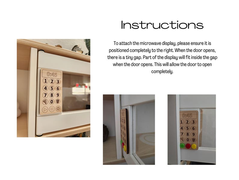 May include: A white wooden microwave with a brown wooden control panel. The control panel has a digital display that reads "0:45" and buttons for numbers 1 through 9, 0, and various functions. The microwave door is open.