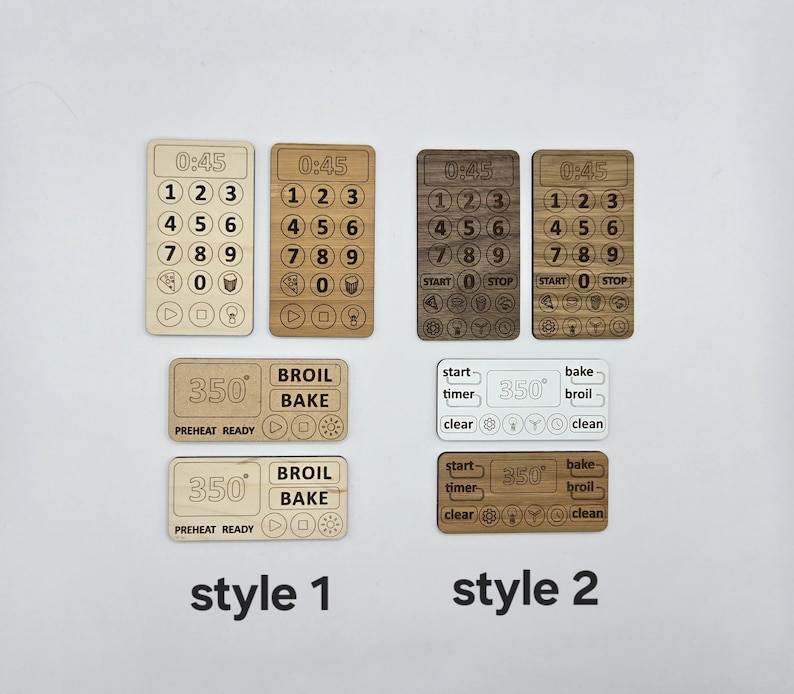 May include: Two styles of oven control panels made of wood. The first style has a timer, numbers 0-9, and buttons for start, stop, broil, and bake. The second style has buttons for start, timer, clear, bake, broil, and clean. Both styles have a temperature display that reads 350 degrees.