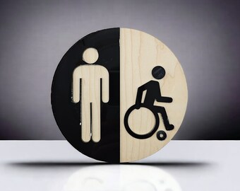 Round wooden men women bathroom sign, office restroom WC signage, half and half modern design, AirBnB sign