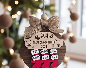 Grandparents personalized Christmas ornament with great/ grandchildren names, tree family stocking, wooden tree ornament