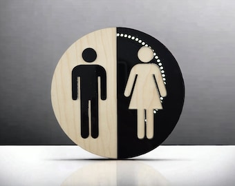 Round wooden bathroom sign, office restroom WC signage, raised figures, half and half modern design, AirBnB sign, home sign
