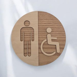 Round wood unisex bathroom sign, office restroom WC signage, raised figures, half and half modern design, handicap sign, AirBnB sign