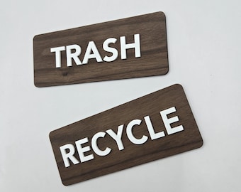 Trash and Recycle Sign Set of 2, Wooden Bin Labels with Engraved or Acrylic Letters, Modern Waste Station Signs for Home or Business
