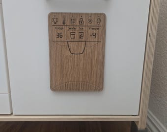 Puede incluir: Una puerta de refrigerador de juguete blanca con un asa gris y un panel de control de madera con iconos de luz, temperatura, agua, hielo y congelador. El panel muestra el texto Fridge, Water, Ice, Freezer y los números 36 y -4.