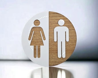 Round wooden bathroom sign, office restroom WC signage, raised figures, half and half modern design, AirBnB sign, home sign