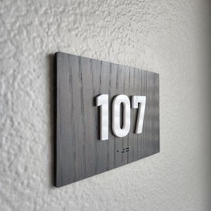Gray wooden room number, Hotel room, Classroom sign, Braille Grade 2