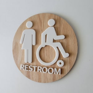 Gender Neutral Restroom Sign: Red Oak & White Acrylic, Braille Grade 2