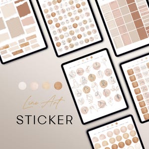 Könnte beinhalten: Ein Set digitaler Sticker mit Line-Art-Illustrationen in verschiedenen Farben. Die Sticker beinhalten Designs von Menschen, Pflanzen und abstrakten Formen. Die Sticker sind perfekt, um digitalen Planern, Tagebüchern und Social Media einen Hauch von minimalistischem Stil zu verleihen.