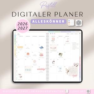 Könnte beinhalten: Ein digitaler Planer auf einem Tablet, mit Kalenderlayout und dem Text "DIGITALER PLANER" und "ALLESKÖNNER". Der Planer enthält die Jahre 2026 und 2027, mit farbenfrohen Symbolen und Illustrationen.