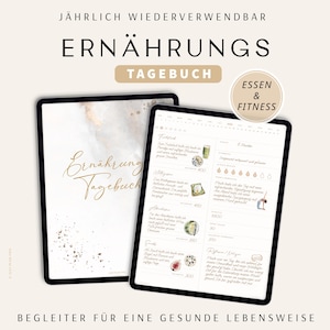Könnte beinhalten: Ein wiederverwendbares, goldfarbenes "Ernährungstagebuch" mit Aquarellhintergrund. Das Tagebuch ist in Abschnitte für Essen und Fitness unterteilt, mit einem Abschnitt für die tägliche Wasseraufnahme. Der Text "Jährlich wiederverwendbar" und "Essen & Fitness" ist ebenfalls sichtbar.
