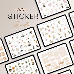 May include: A digital planner with 670 stickers in a bundle. The stickers are organised into five categories: plants, food, yoga, abstract shapes, and blank shapes. The stickers are in various colours and designs.