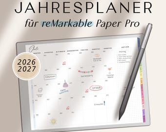 Digitaler reMarkable Planer 2026 & 2027 | Minimalistischer Kalender im Querformat für reMarkable Paper Pro, reMarkable 2 | PDF