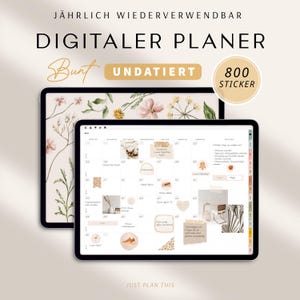 Könnte beinhalten: Ein digitaler Planer auf einem Tablet-Bildschirm mit floralem Hintergrund. Der Planer ist undatiert und enthält 800 Sticker. Der Text "Jährlich wiederverwendbar Digitaler Planer Bunt Undatiert 800 Sticker" ist auf dem Bildschirm sichtbar.