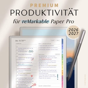 Könnte beinhalten: Ein digitaler Planer für reMarkable Paper Pro mit detailliertem Zeitplan und Prioritätenliste. Der Planer enthält die Jahre 2026 und 2027, mit einem Stift, der an der Seite ruht. Der Text ist auf Deutsch.