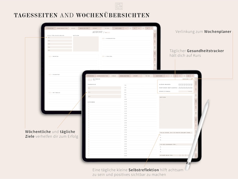 Digitaler Planer Undatiert Deutsch, iPad Planer, Terminplaner digital, GoodNotes Kalender, Tagesplaner PDF, 1500 Digitale Sticker zdjęcie 5