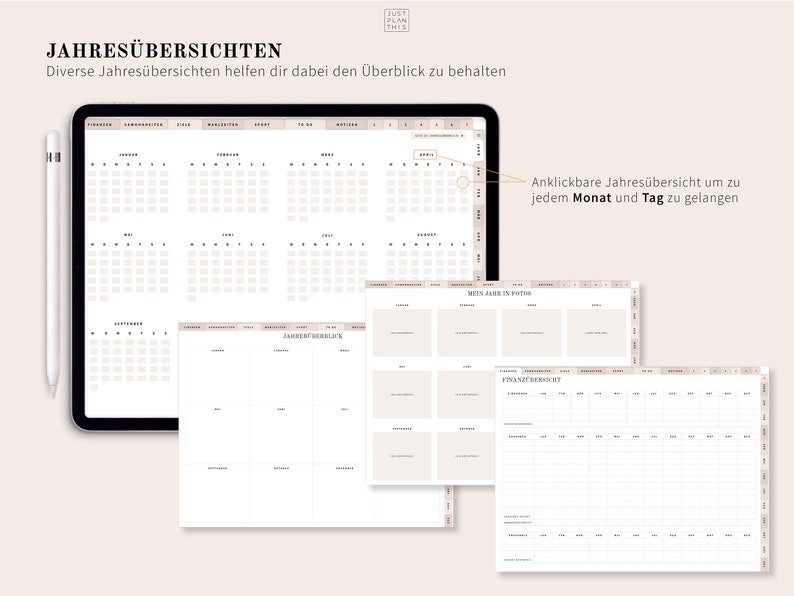 Digitaler Planer Undatiert Deutsch, iPad Planer, Terminplaner digital, GoodNotes Kalender, Tagesplaner PDF, 1500 Digitale Sticker zdjęcie 3