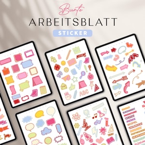 Könnte beinhalten: Eine Sammlung digitaler Stickerbögen mit der Aufschrift Bunte ARBEITSBLATT STICKER, die verschiedene bunte Symbole wie Sprechblasen, Pfeile, Schulmaterialien, wissenschaftliche Geräte und deutsche Textetiketten für die Unterrichtsplanung zeigen.