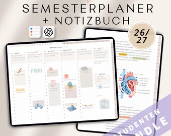 Pode incluir: Um conjunto digital de planejador semestral e caderno em bege com o texto Semesterplaner + Notizbuch e 26/27. O planejador exibe uma agenda semanal com ícones, enquanto o caderno mostra um diagrama anatômico do coração.