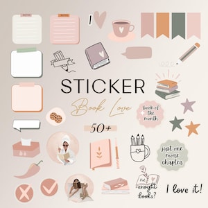 Könnte beinhalten: Ein Set mit über 50 Buch-Sticker mit Illustrationen von Büchern, Kaffeetassen, Sternen und anderen buchbezogenen Bildern. Die Sticker sind in verschiedenen Farben, darunter Rosa, Braun und Grün. Der Text "STICKER Book Love 50+" ist in der Mitte des Bildes zu sehen.