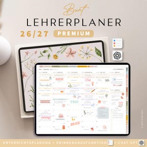 Könnte beinhalten: Ein digitaler Lehrerplaner auf einem Tablet, mit floralem Design und dem Text "LEHRERPLANER 26/27 PREMIUM." Der Planer zeigt ein Kalenderlayout mit farbigen Symbolen und Text. Das Tablet befindet sich auf einem weißen Case mit floralen Akzenten.