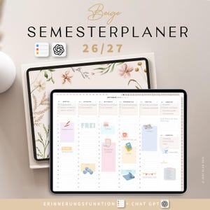 Könnte beinhalten: Ein digitaler Semesterplaner für 26/27 auf zwei Tablets. Das obere Tablet zeigt ein florales Cover-Design, während das untere Tablet einen wöchentlichen Zeitplan mit farbigen Aufgabenfeldern, Symbolen und deutschen Textbeschriftungen darstellt.