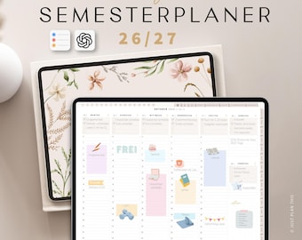 Pode incluir: Um planejador semestral digital 26/27 em bege com ilustrações florais na capa e uma interface de agenda semanal na tela. O planejador inclui ícones para lembretes e integração com ChatGPT para organização.