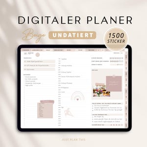 Könnte beinhalten: Beigefarbener digitaler Planer mit 1500 Stickern. Der Planer hat Bereiche für Finanzen, mentale Gesundheit, Ziele, To-Do-Listen, Notizen und mehr. Der Planer ist undatiert und hat ein minimalistisches Design.