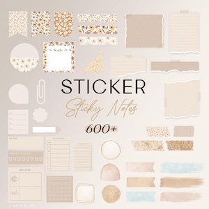 Könnte beinhalten: Ein Set mit über 600 digitalen Stickern und Haftnotizen in einer neutralen Farbpalette. Die Sticker haben verschiedene Formen, darunter Kreise, Quadrate, Rechtecke und Sterne. Einige Sticker haben ein Blumenmuster, während andere ein schlichtes, minimalistisches Design haben. Die Sticker sind perfekt, um Ihrem Planer, Journal oder Sammelalbum eine persönliche Note zu verleihen.