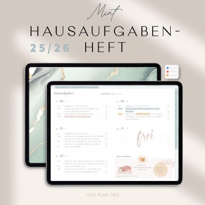 Digitales Hausaufgabenheft 2025/26 für iPad mit Erinnerungsfunktion, Stickern & Cover für Schülerinnen und Schüler / Hausaufgabenplaner Mint