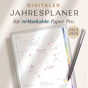 reMarkable Planer 2025 + 2026 Deutsch – Digitaler Kalender für reMarkable 1, 2 und Paper Pro, Digitaler Planer für reMarkable, Bunt