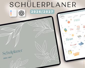 May include: A digital student planner for 2026/2027 with a sage green cover featuring white line art of leaves. The planner displays the text SCHÜLERPLANER and Schulplaner. A tablet screen shows a monthly calendar page for October with icons.